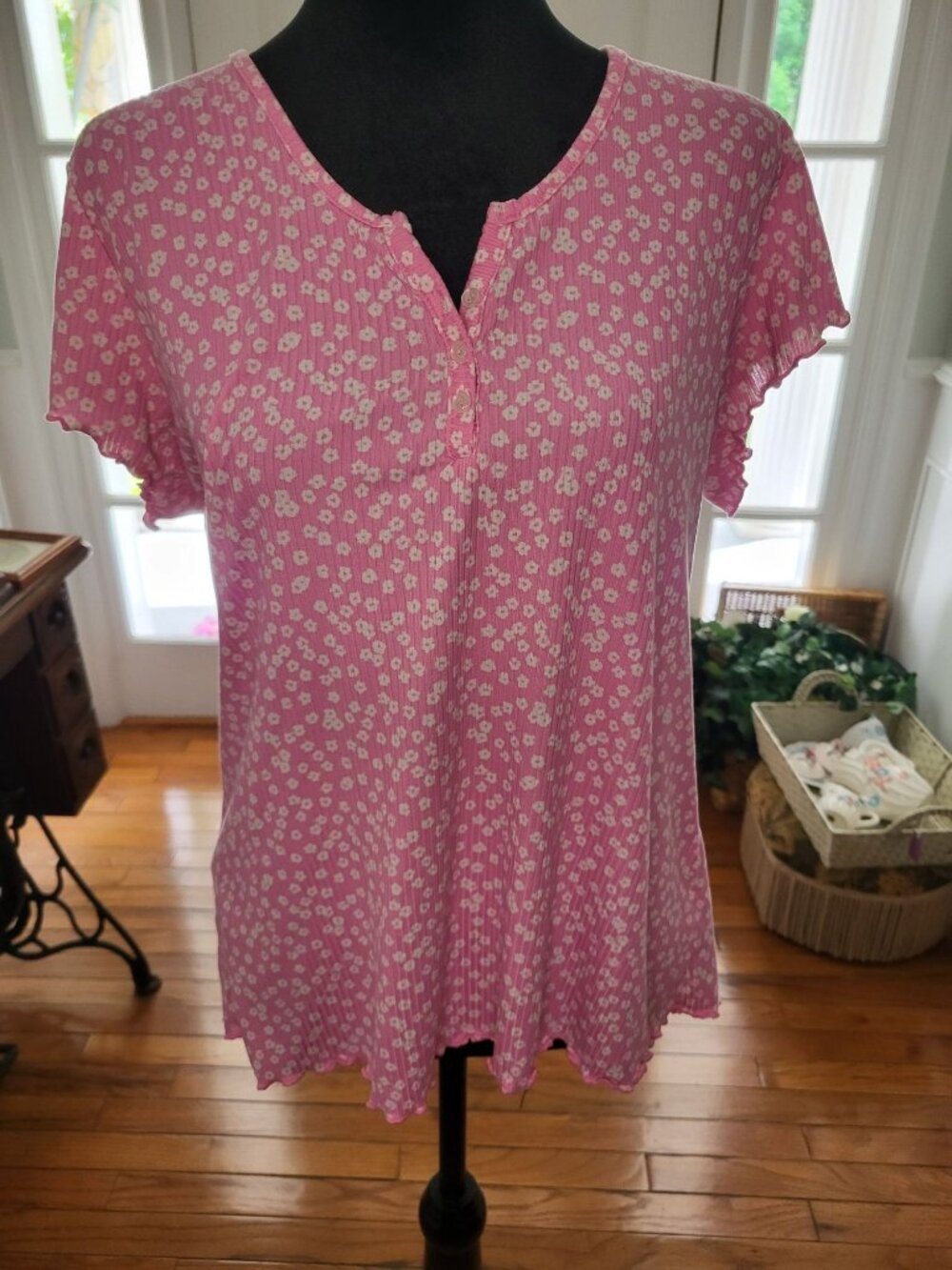Laura Ashley Pink White Floral Ribbed Henley Top L Pajama Coquette Y2K Preppy